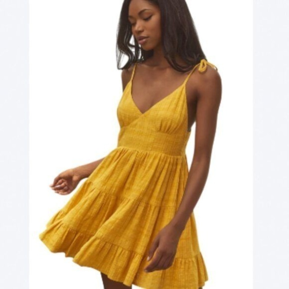 Lulus Dress Size Small Mustard Tie-Strap Shore Yourself‎ Tiered Babydoll Coastal